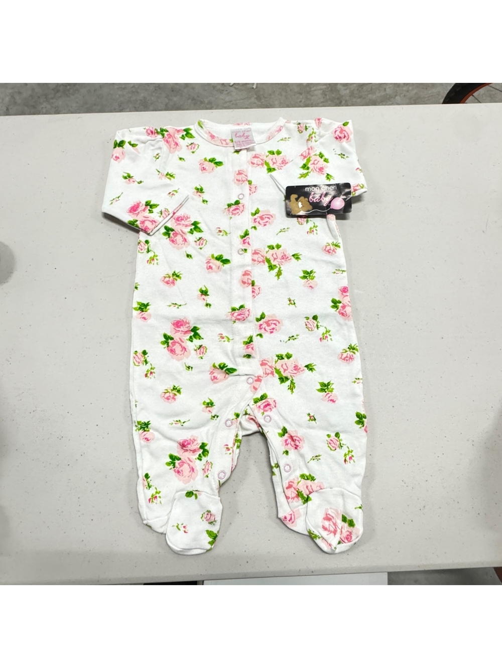 6-9 Months | Mon Cheri Baby  - Floral Print Footed Baby Onesie